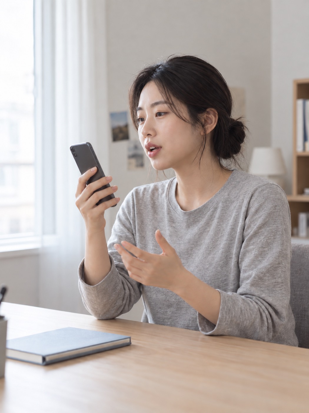스마트폰에 대고 혼자 면접 답변을 연습하는 사람을 표현한 생성 이미지